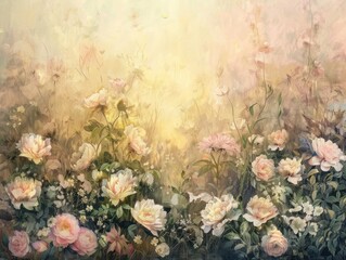 Soft light illuminates a field of pink and white peonies, creating a romantic, dreamy atmosphere.