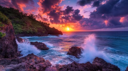 Obraz premium A vibrant sunset over the ocean with crashing waves and rocky coastline.