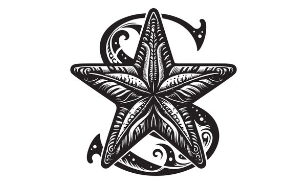 recommend clip art: starfish engraving black and white outline, Starfish silhouette vector illustration