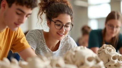 Engaged Students Analyzing Human Skull Models in a Classroom Environment, Fostering Hands-On Learning and Interest in Anatomy and Science Education