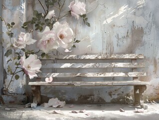 Weathered bench with blooming roses against a rustic wall.