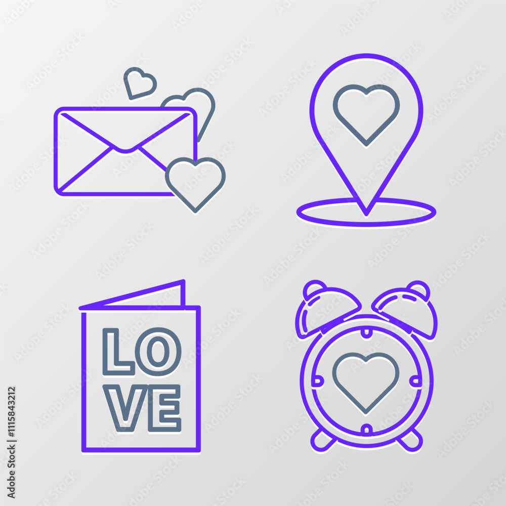 Poster set line heart in the center alarm clock, valentines day party flyer, map pointer with heart and env