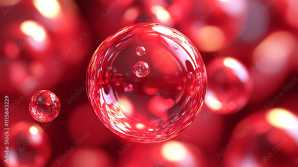 Aufkleber abstract red bubbles floating in a reddish background: a close-up macro photography of spheres