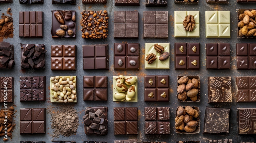 Poster an array of different flad chocolates from dark and bitter to sweet and creamy all made from the sam