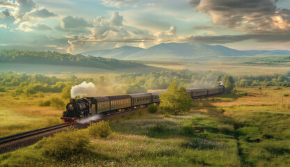 Fototapeta premium Historical train with steam locomotive emitting a lot of dark smoke. Retro steam locomotive. Vintage steam locomotive train against a beautiful landscape.