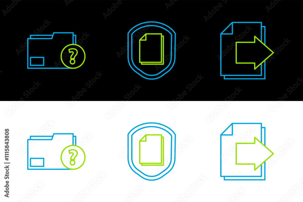 Poster set line next page arrow, unknown document folder and document protection concept icon. vector
