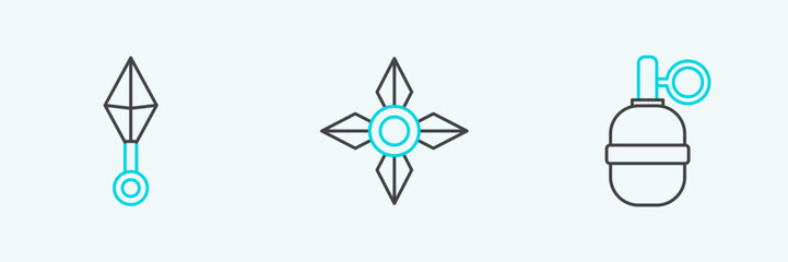Obraz premium Set line Hand grenade, Japanese ninja shuriken and icon. Vector