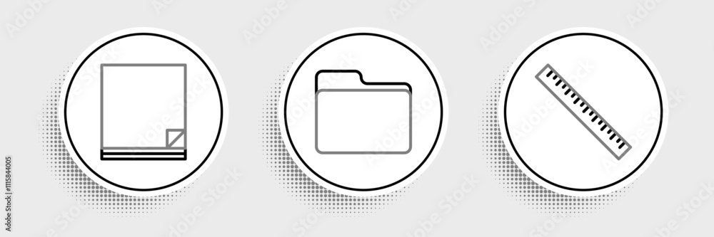 Aufkleber set line ruler, file document and document folder icon. vector