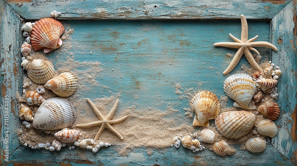 Poster a rustic frame adorned with various seashells and a starfish on sand.