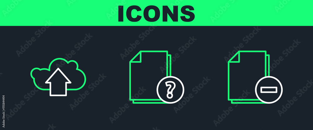 Poster set line document with minus, cloud upload and unknown document icon. vector