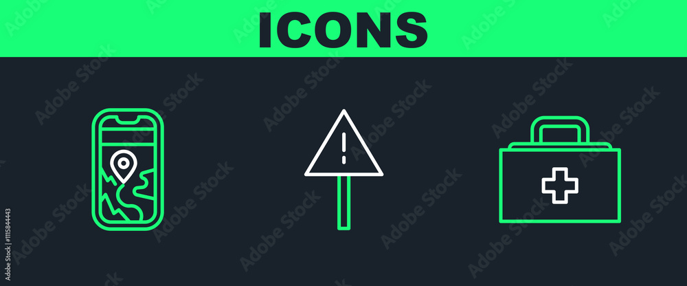 Poster set line first aid kit, city map navigation and exclamation mark in triangle icon. vector