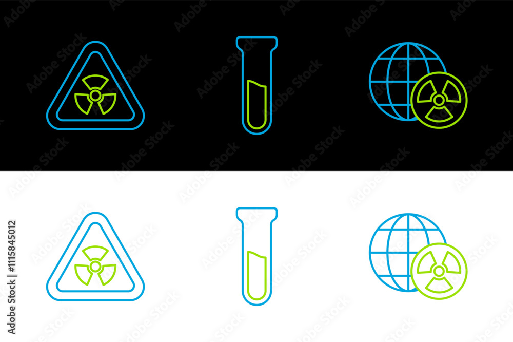 Poster set line planet earth and radiation, triangle with and test tube flask icon. vector