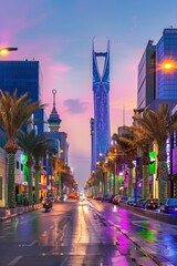 Naklejka premium A vibrant cityscape featuring a modern skyscraper at sunset.