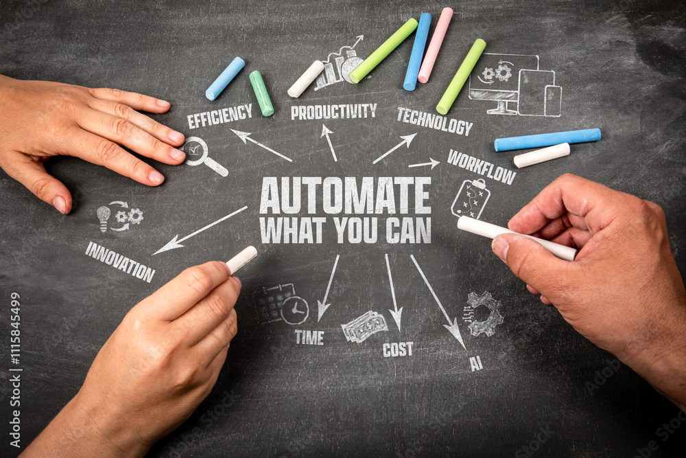 Wall mural automate what you can. illustration with icons, arrows and keywords on a black chalkboard background