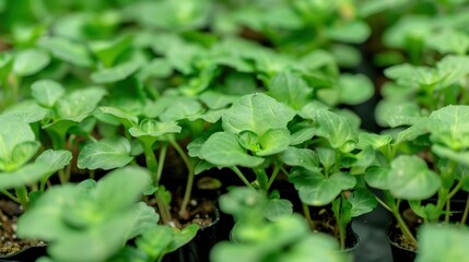 Fototapeta premium Plastic pots with various vegetable seedlings. Planting young seedlings. Growing your own fruits and vegetables in your garden. Gardening and self-sufficiency lifestyle. Gardening concept