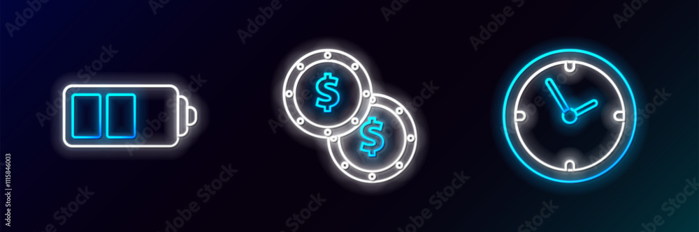 Poster set line clock, battery charge level indicator and coin money with dollar symbol icon. glowing neon.