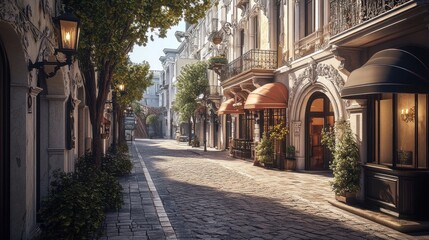 Obraz premium Sunlit European Street Scene With Elegant Buildings and Shops