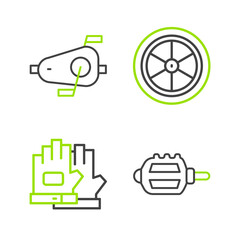 Set line Bicycle pedal, Gloves, wheel and pedals icon. Vector