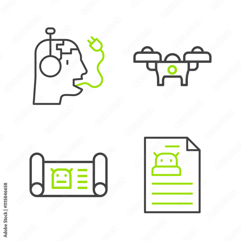 Aufkleber set line technical specification, robot blueprint, drone and charging battery icon. vector