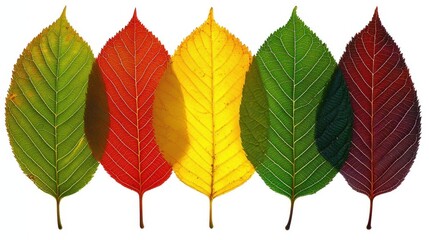 Obraz premium A row of leaves with different colors, including red, yellow, and green