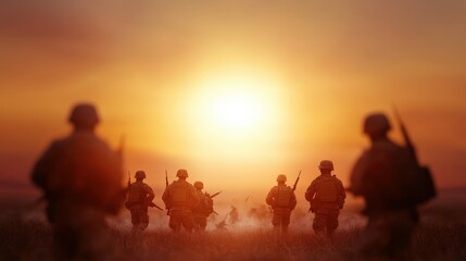 Fototapeta premium Soldiers Silhouette Sunset Military Operation War Army Combat Battlefield Dusk Sun