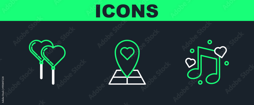 Poster set line music note, tone with hearts, balloons in form of ribbon and map pointer icon. vector