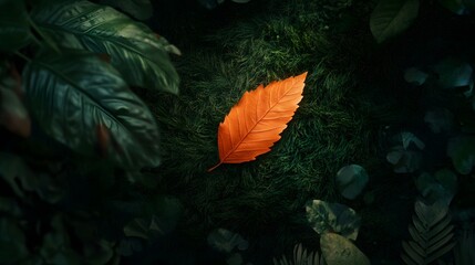 A lone leaf, its vibrant orange hues standing out against the dark green carpet of grass beneath it