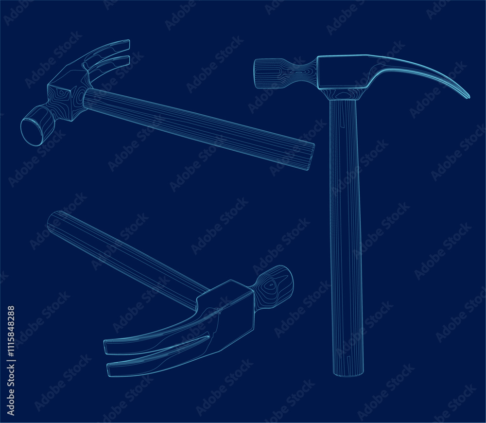 Poster line drawing of isolated vector object hammer set. hammer construction line drawing illustration art