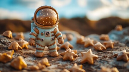 A miniature astronaut stands on a rocky surface surrounded by numerous star-shaped objects, with a blurred background of sky and clouds.