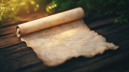 A vintage scroll map lies on a rustic wooden surface, surrounded by lush greenery, capturing an adventurous and historical essence.