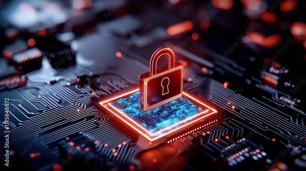 Poster a digital lock symbol over a circuit board background, representing cybersecurity and data protectio