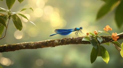 A vibrant blue dragonfly perched on a branch with delicate orange flowers. The sun shines through the leaves, creating a soft glow.