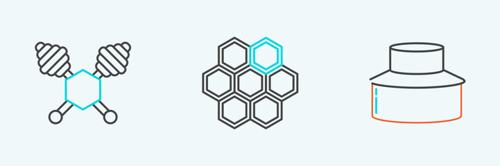 Set line Beekeeper with protect hat, Honey dipper stick and Honeycomb icon. Vector