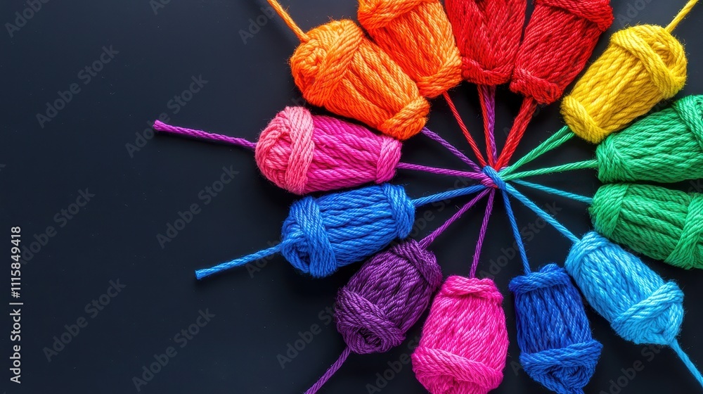 Poster a colorful array of yarns are arranged in a circle on a black background