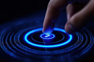 A hand touches a glowing blue circular interface, symbolizing technology, interaction, and digital connectivity.