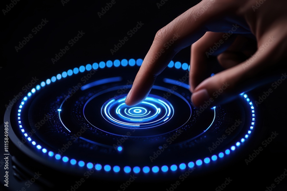 Poster a hand interacts with a glowing, circular interface displaying concentric blue patterns, suggesting 