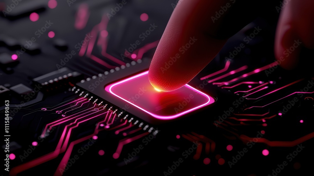 Poster a close-up of a finger touching a glowing microchip on a circuit board, highlighting technology and 