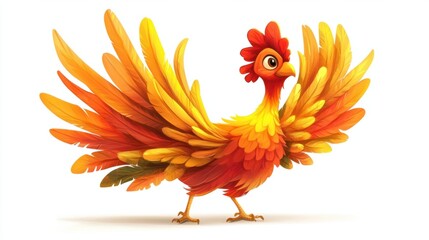 Obraz premium A cartoon turkey with vivid orange, yellow, and red feathers, striking a proud pose, perfect for seasonal themes, on white
