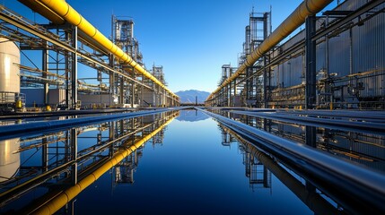 Naklejka premium Industrial refinery with reflection and clear sky