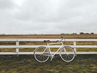 Fototapeta premium Minimalist White Bicycle Against Rural Fence at Sunset