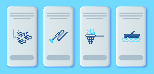 Set line Fishing line with hook and float, net fish, under water and boat oars on icon. Vector