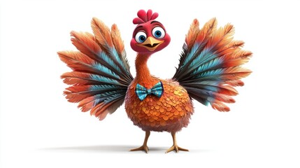 Fototapeta premium A cheerful cartoon turkey wearing a bow tie and showing off its vibrant feather fan, perfect for Thanksgiving, isolated on white