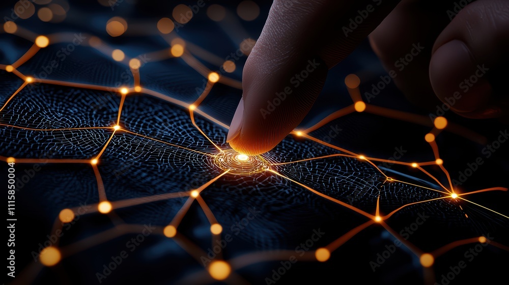 Poster a close-up of a finger touching a glowing network, symbolizing connection and technology.