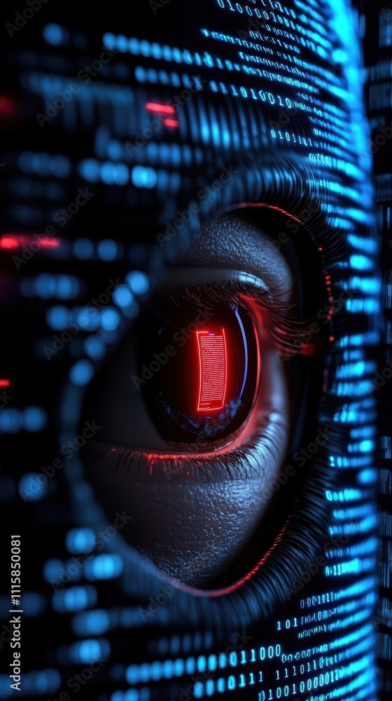 Poster a close-up of a futuristic eye surrounded by glowing binary code, evoking themes of technology, surv