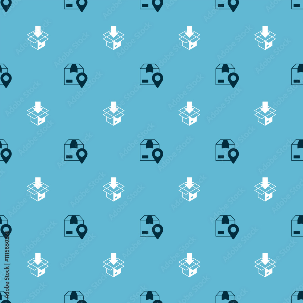 Poster set location with cardboard box and carton on seamless pattern. vector