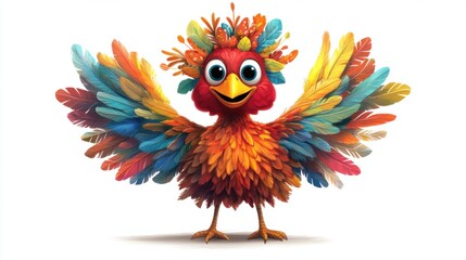 Fototapeta premium A cheerful turkey cartoon character with a crown of colorful feathers and a playful grin, perfect for Thanksgiving, isolated on white