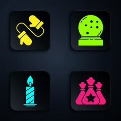 Set Santa Claus bag gift, Pair of knitted christmas mittens, Burning candle in candlestick and Christmas snow globe with fallen snow. Black square button. Vector