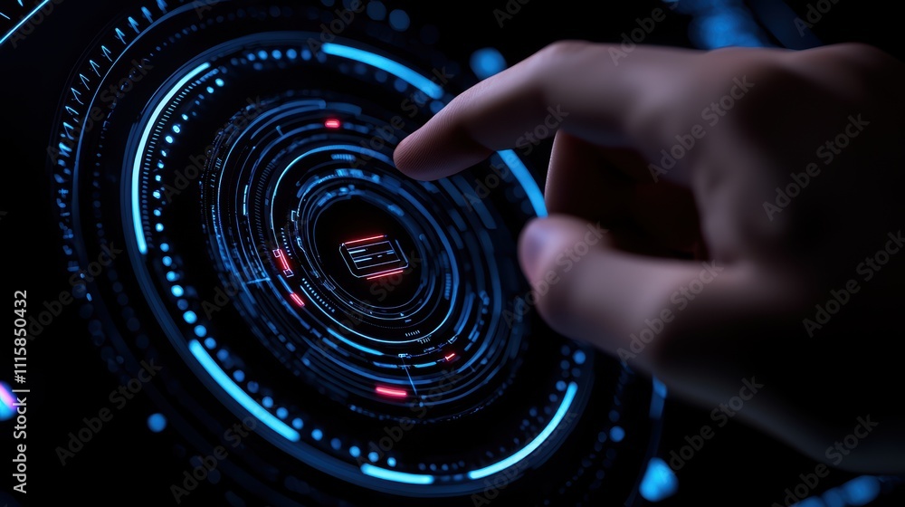 Poster a futuristic hand interacts with a glowing digital interface, featuring circular patterns and vibran