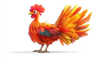 Fototapeta premium A cheerful turkey cartoon with bright orange, red, and yellow feathers, standing in a festive pose, on white