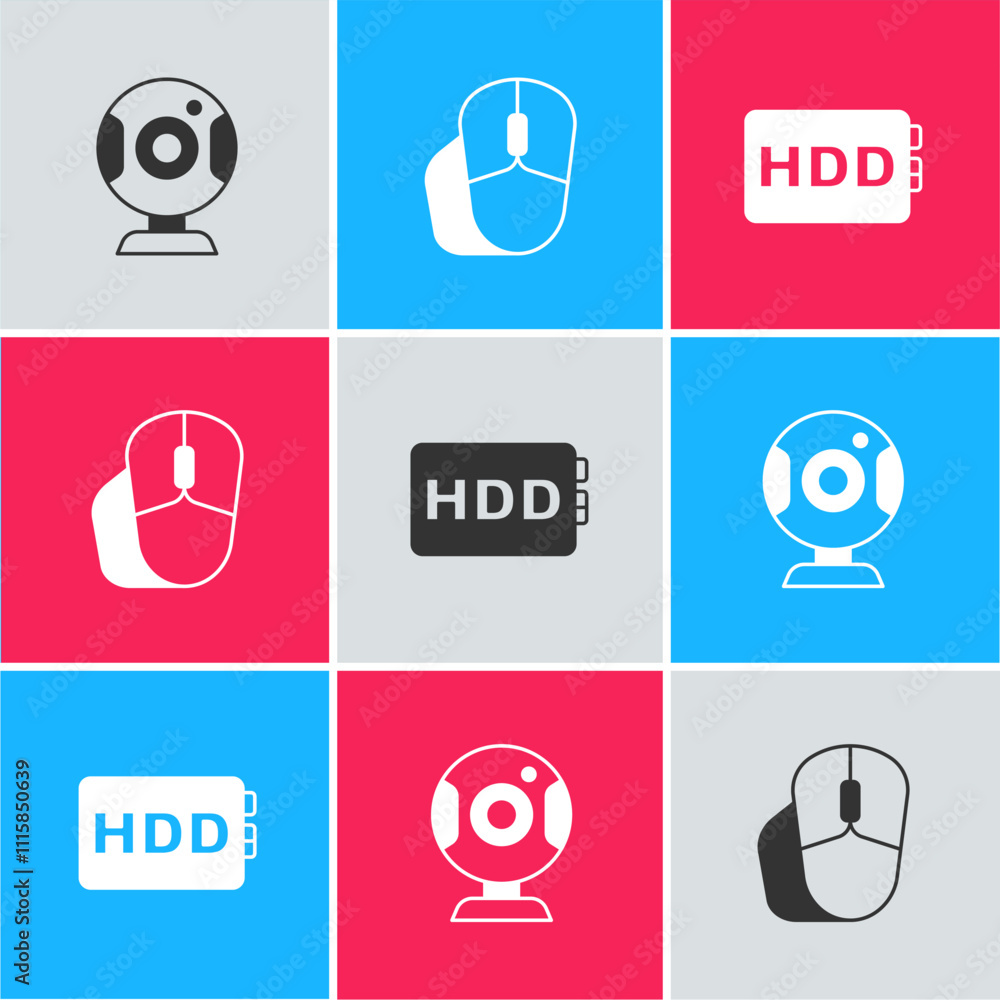 Poster set web camera, computer mouse and hard disk drive hdd icon. vector